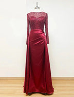 Mermaid / Trumpet Evening Gown Sparkle & Shine Dress Carnival Masquerade Floor Length Long Sleeve Illusion Neck Fall Wedding Reception Satin with Pearls Overskirt