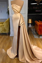 UniqueChampagne Prom Dress Side Split Evening Ball Dresses Long