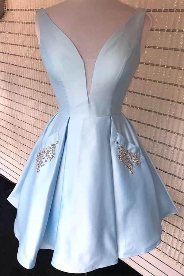 V-Neck Satin Cute Homecoming Dress with Pockets