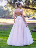 V-neck Lace Bow Straps Floor Length Tulle Prom Dress