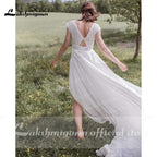 NumberSea V Neck Short Sleeve Backless Lace Chiffon Wedding Dresses