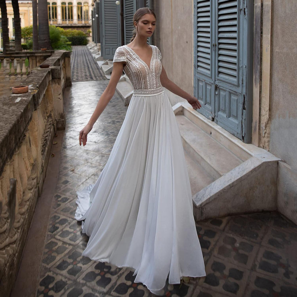 NumberSea V Neck Wedding Dresses A Line Cap Sleeve Bride Dresses