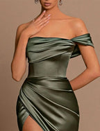 Mermaid / Trumpet Evening Gown Sexy Dress Wedding Guest Holiday Court Train Sleeveless Off Shoulder Bridesmaid Dress Satin with Ruched Slit