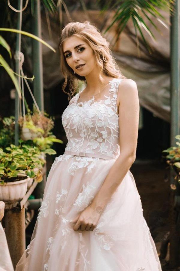 Vintage Lace Scoop Neckline A Line Tulle Wedding Bridal Dress