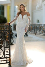 Vintage Long Mermaid Spaghetti Straps V-neck Lace Wedding Dress with Detachable Train