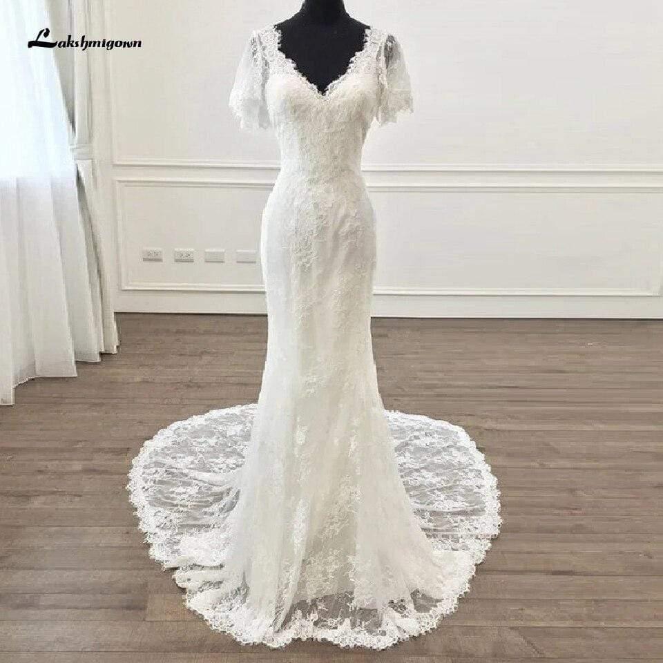NumberSea Vintage Short Sleeves Lace Wedding Dress Mermaid Style