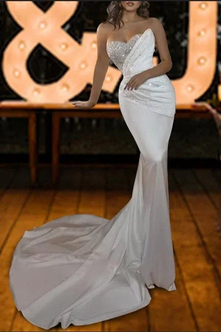 Vintage strapless mermaid sequined sleeveless satin Wedding Dresses