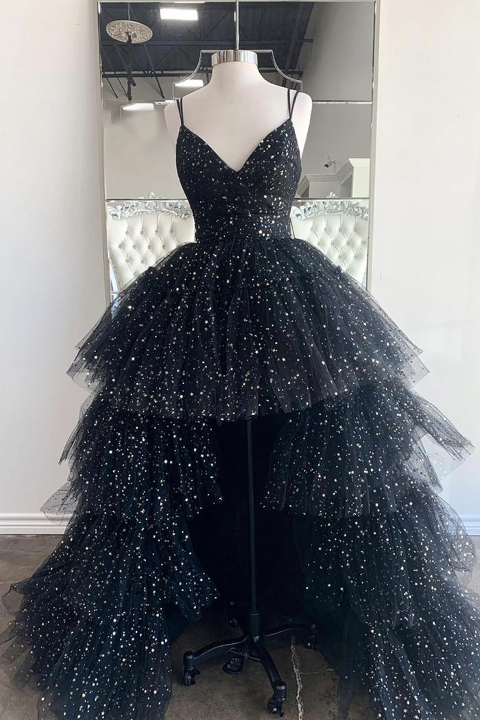 A Line Spaghetti Straps Tiered Tulle High Low Prom Dress