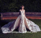 NumberSea Wedding Dresses With Detachable Train  Backless Lace Applique Bridal Gowns