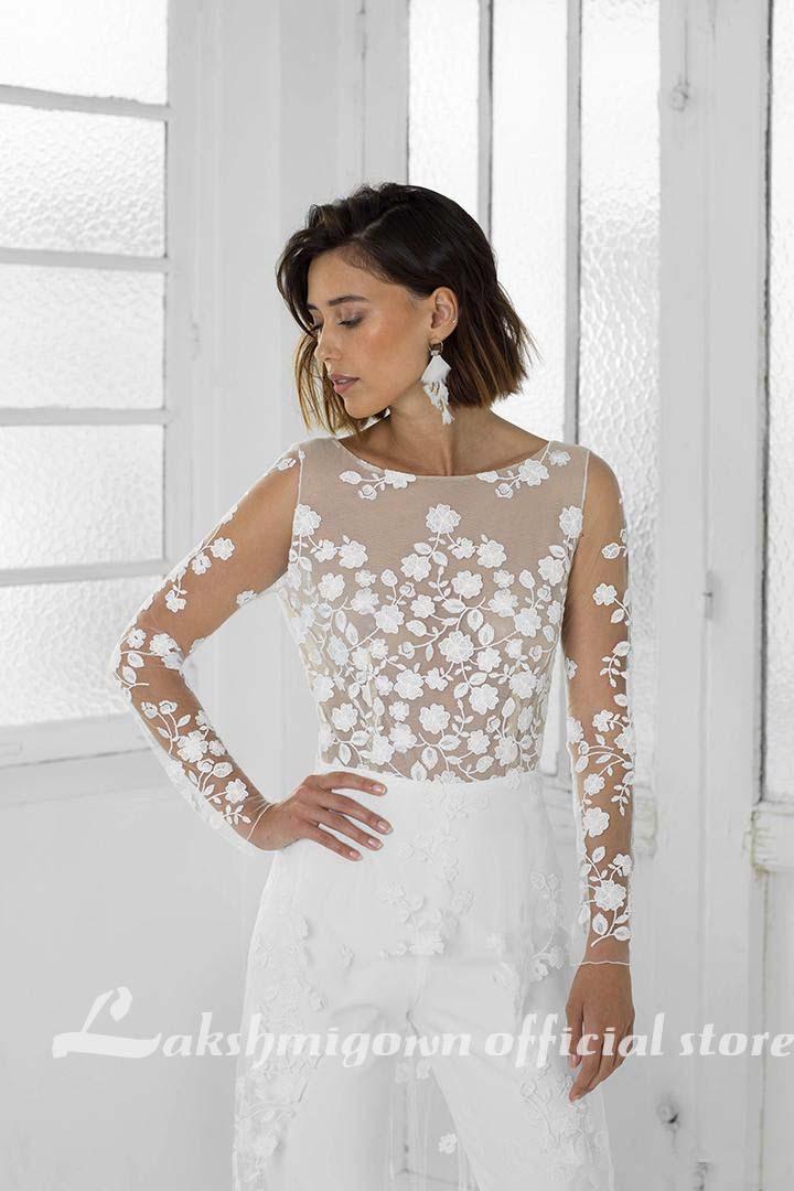 NumberSea White Jumpsuit Beach Wedding Dresses Long Sleeve