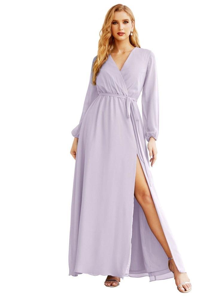 Women's Chiffon Bridesmaid Dress A line Long Sleeves Formal Evening Prom Gown for Wedding Guest SEA28032