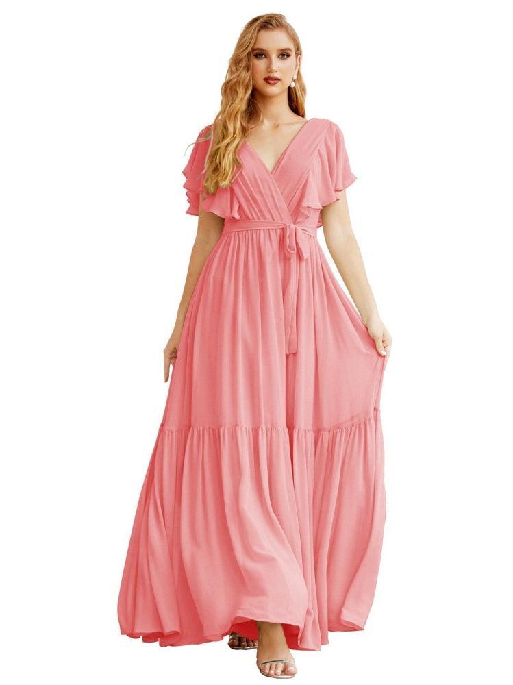 Women's Open Back Formal Evening Party Prom Gowns V-Neck Long Chiffon Bridesmaid Dresses with Waist Belt SEA28038